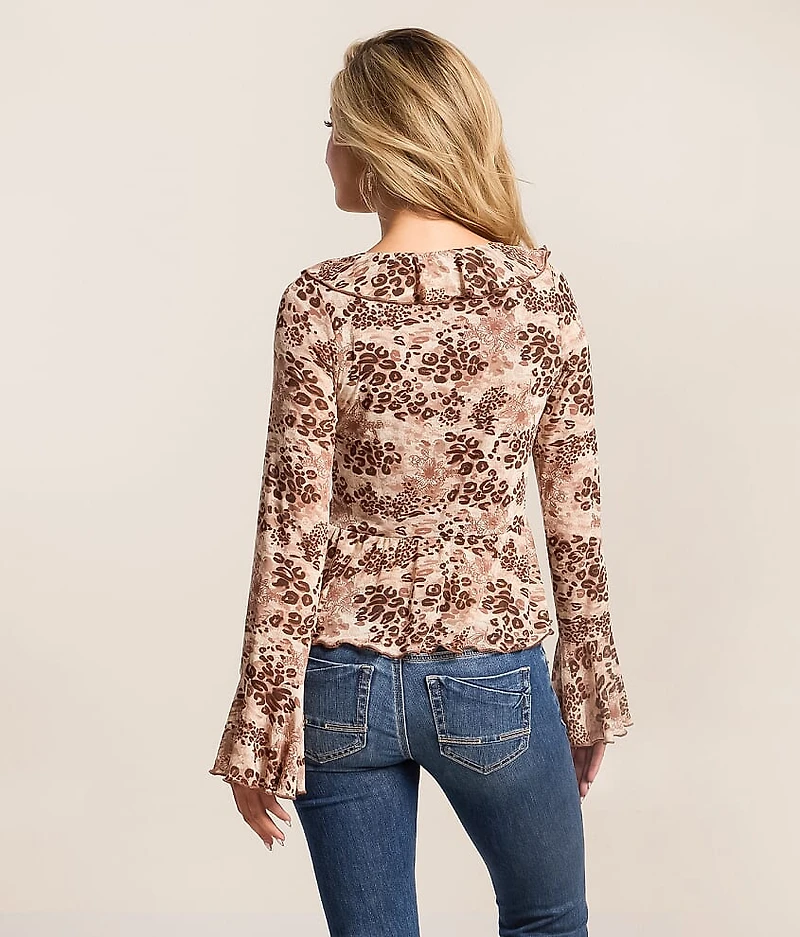 Floral Leopard Mesh Ruffle Top