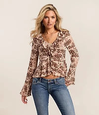 Floral Leopard Mesh Ruffle Top