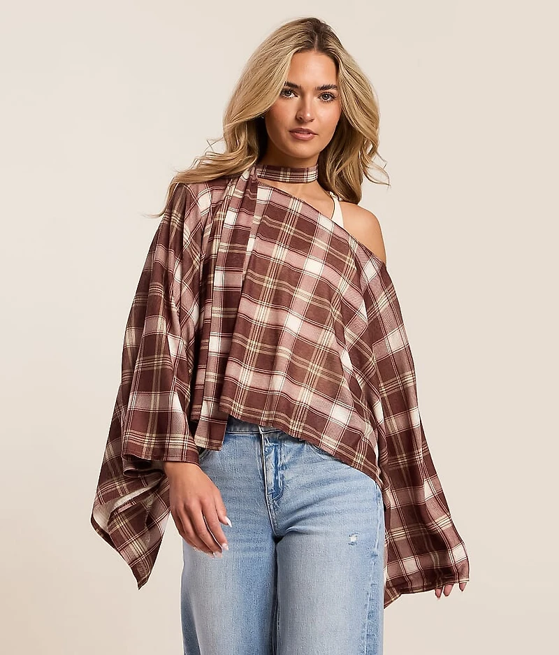 Plaid Poncho With Scarf