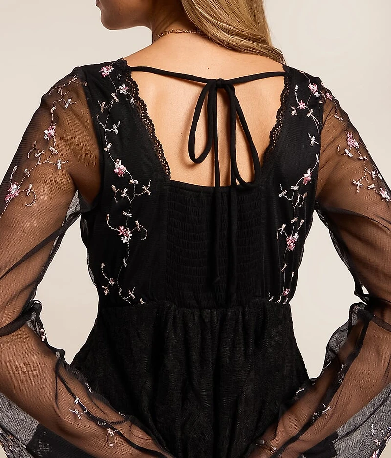 Floral Embroidered Mesh Peplum Top