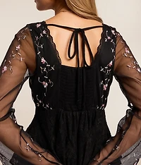 Floral Embroidered Mesh Peplum Top