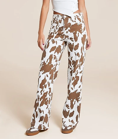 High Rise Wide Leg Cow Print Stretch Jean