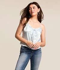 Embroidered Floral Satin RuffleTank Top