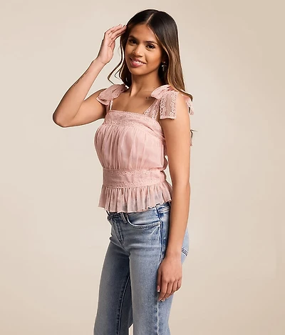 Pleated Mesh Peplum Tank Top