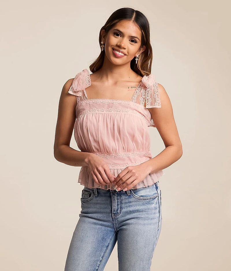 Pleated Mesh Peplum Tank Top