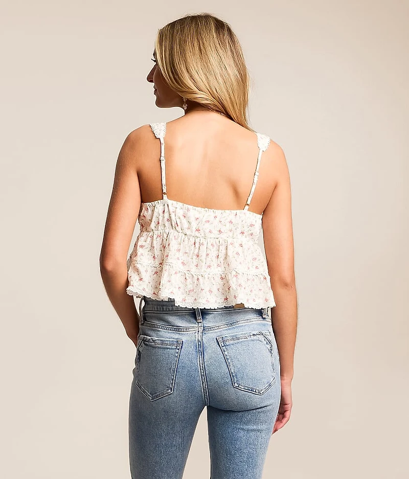 Pleated Floral Cropped Tank Top