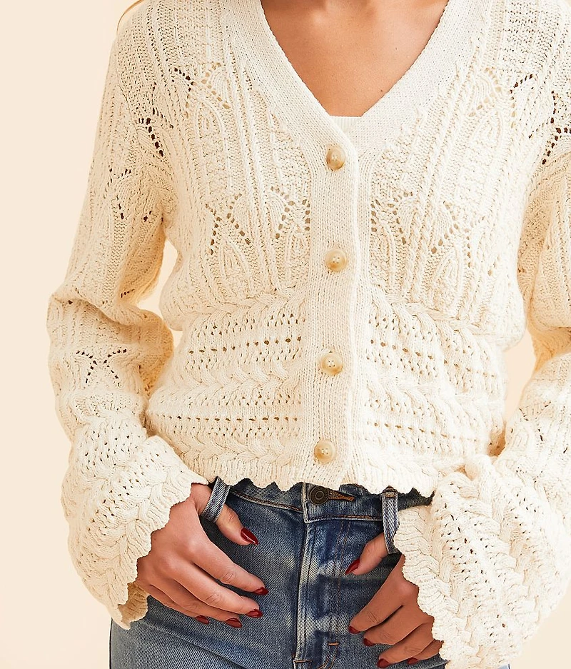 Pointelle Cropped Cardigan Sweater