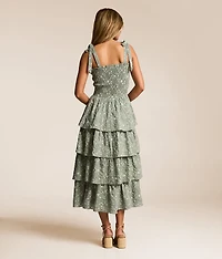 Embroidered Floral Tiered Midi Dress