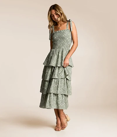 Embroidered Floral Tiered Midi Dress