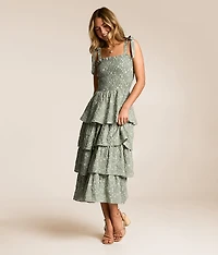 Embroidered Floral Tiered Midi Dress