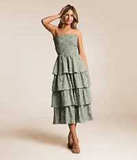 Embroidered Floral Tiered Midi Dress