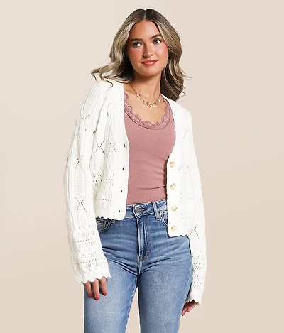 Pointelle Cropped Cardigan Sweater