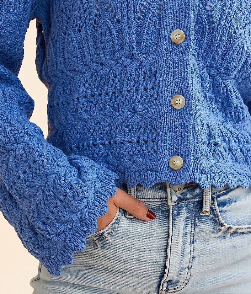 Pointelle Cropped Cardigan Sweater