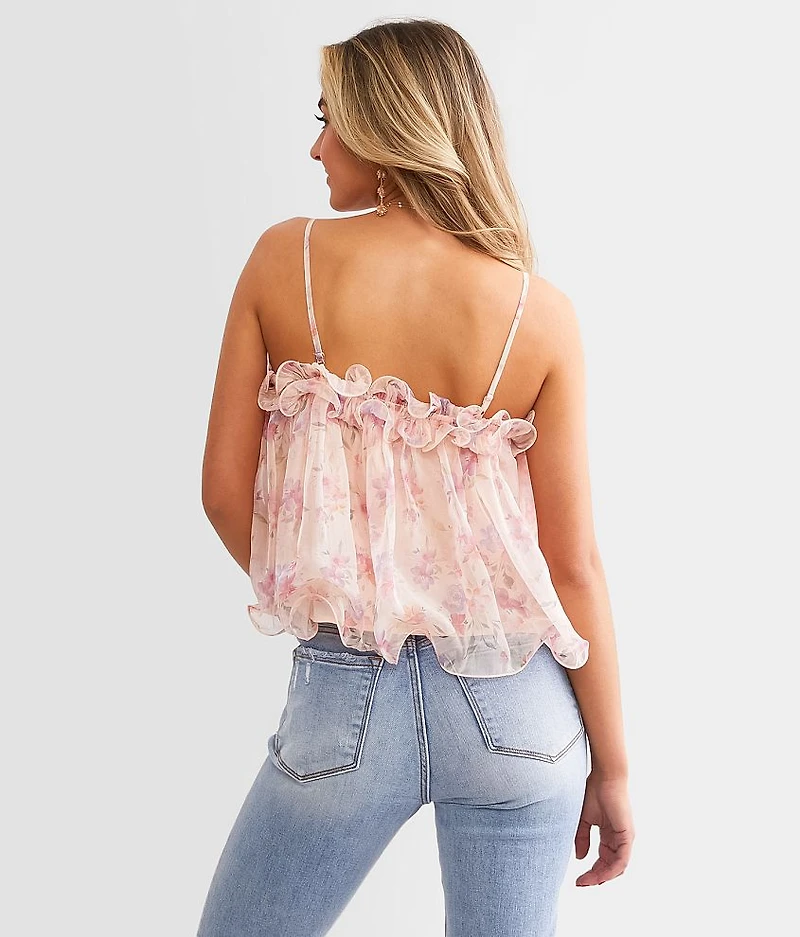 Floral Chiffon Ruffle Cropped Tank Top