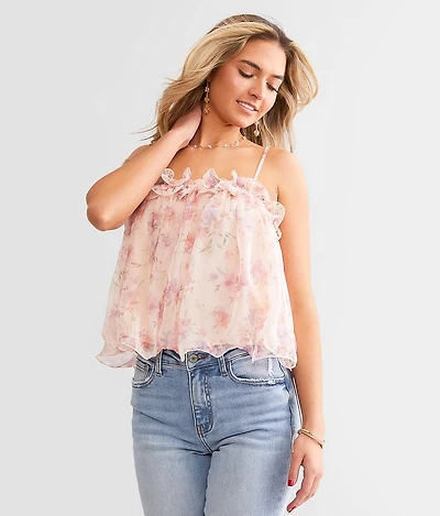 Floral Chiffon Ruffle Cropped Tank Top