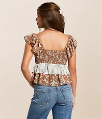 Floral Ruffle Chiffon Cropped Top