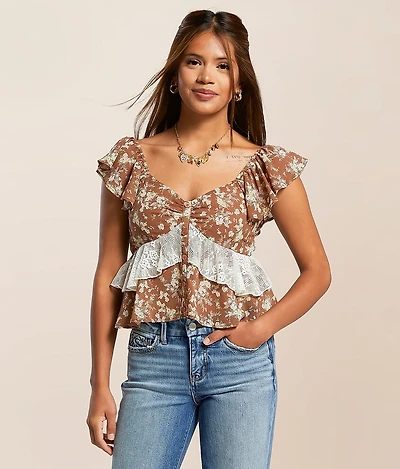 Floral Ruffle Chiffon Cropped Top