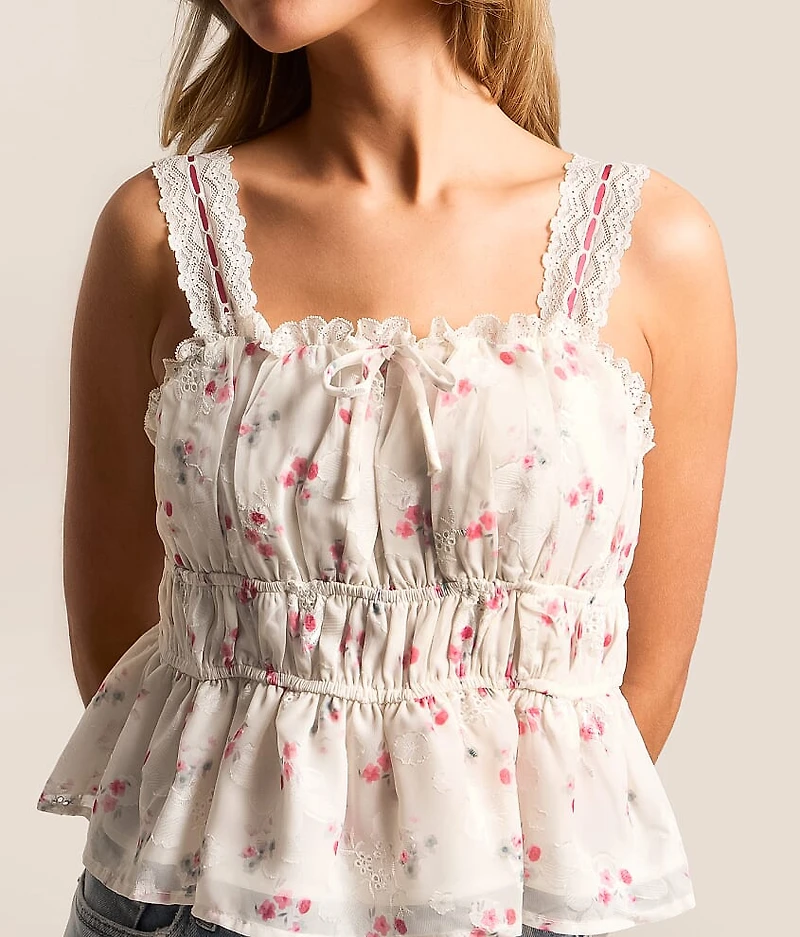 Embroidered Floral Chiffon Cropped Tank Top