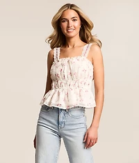 Embroidered Floral Chiffon Cropped Tank Top