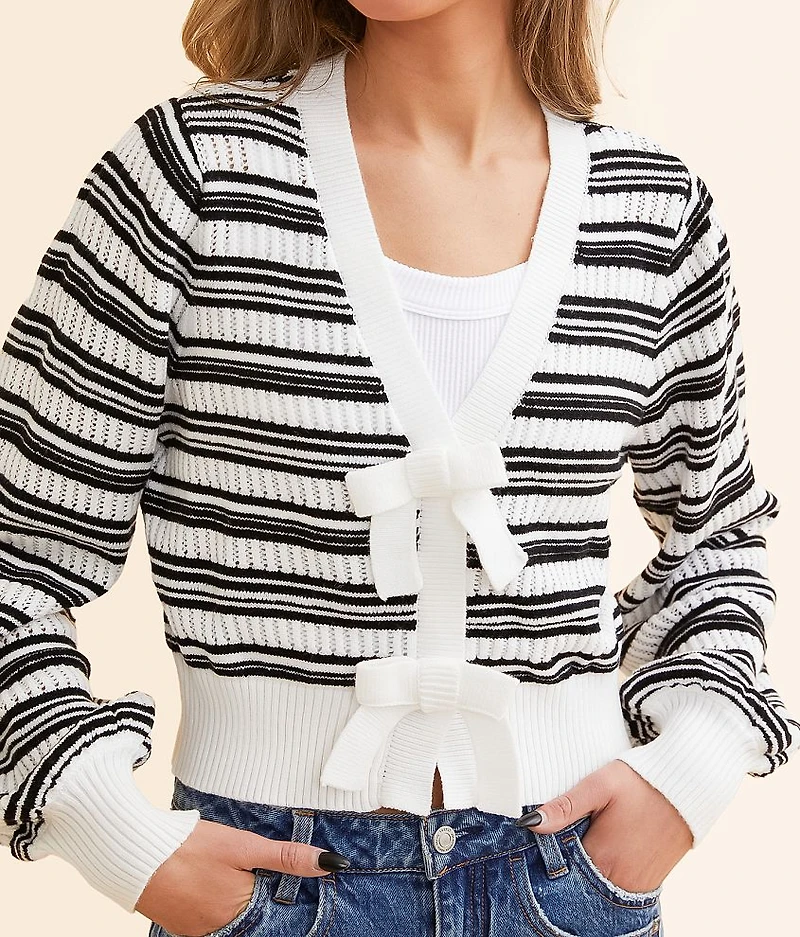 Striped Bow Cropped Cardigan Sweater