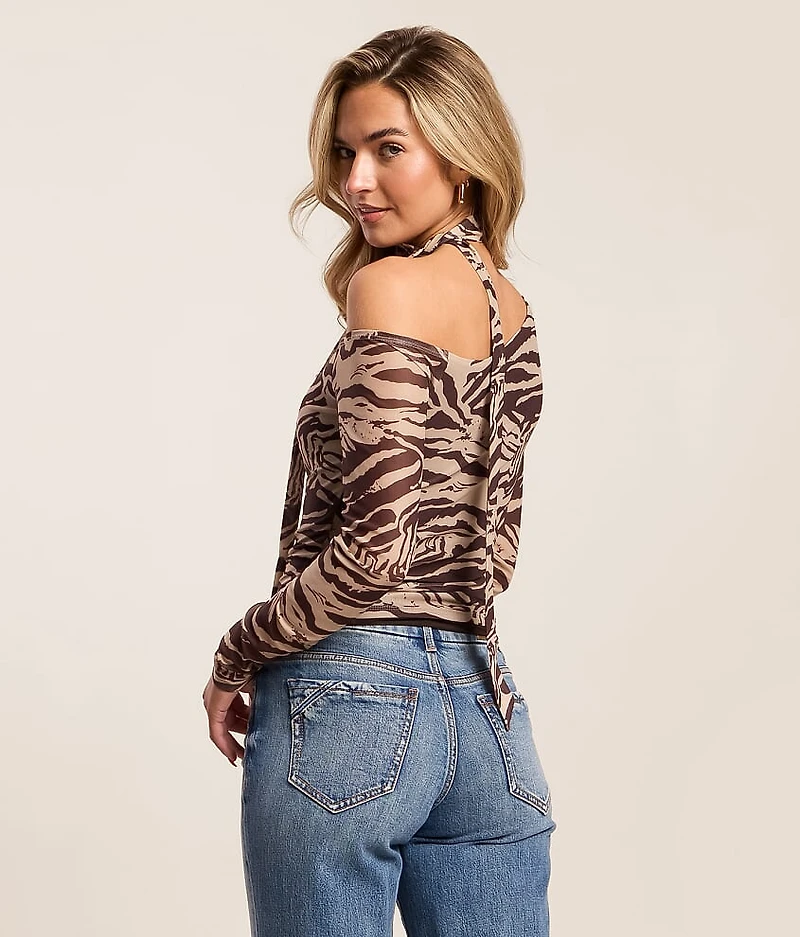 One Shoulder Mesh Top With Scarf