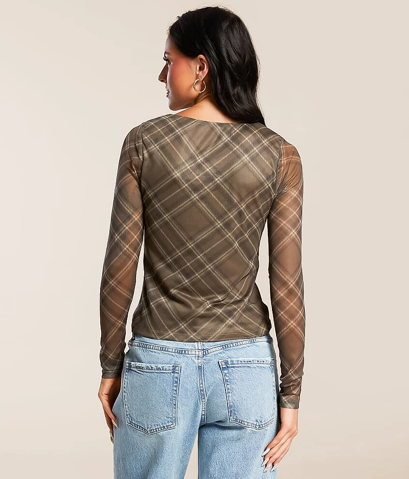 Plaid Mesh Keyhole Top
