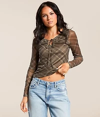 Plaid Mesh Keyhole Top