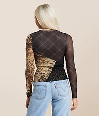 Pieced Plaid Mesh Top