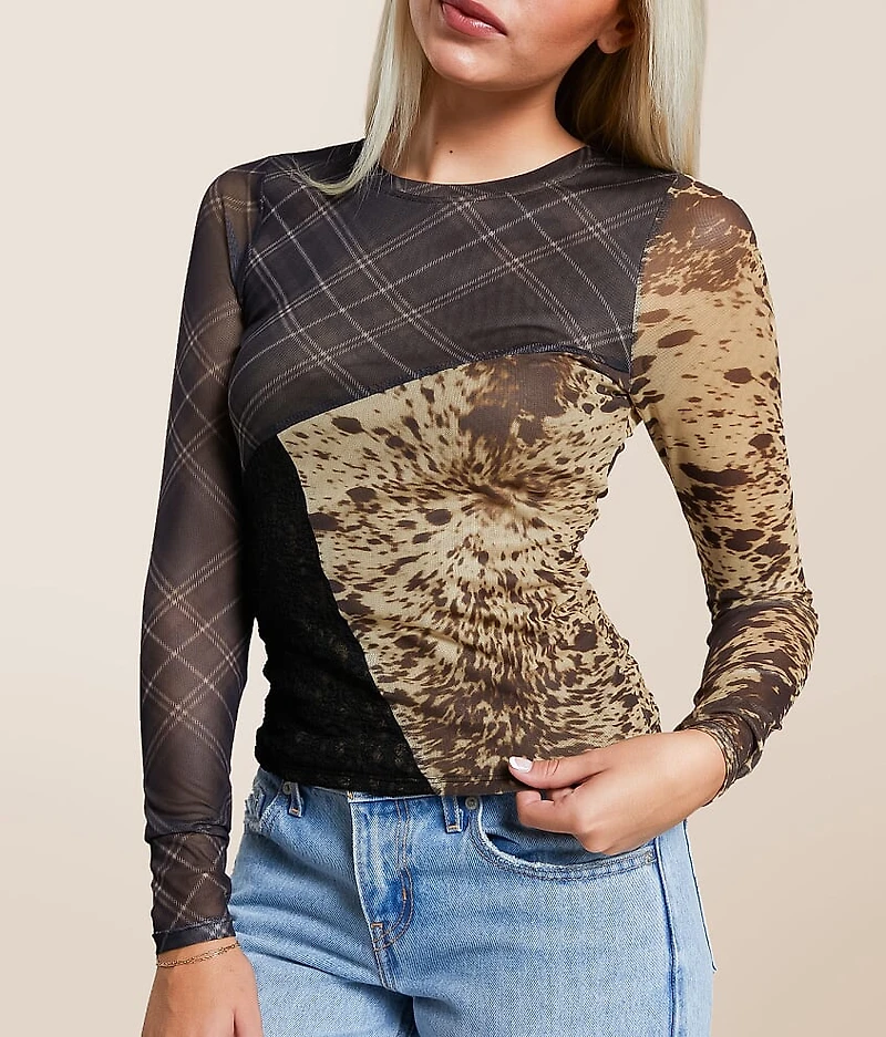 Pieced Plaid Mesh Top