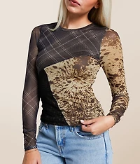 Pieced Plaid Mesh Top