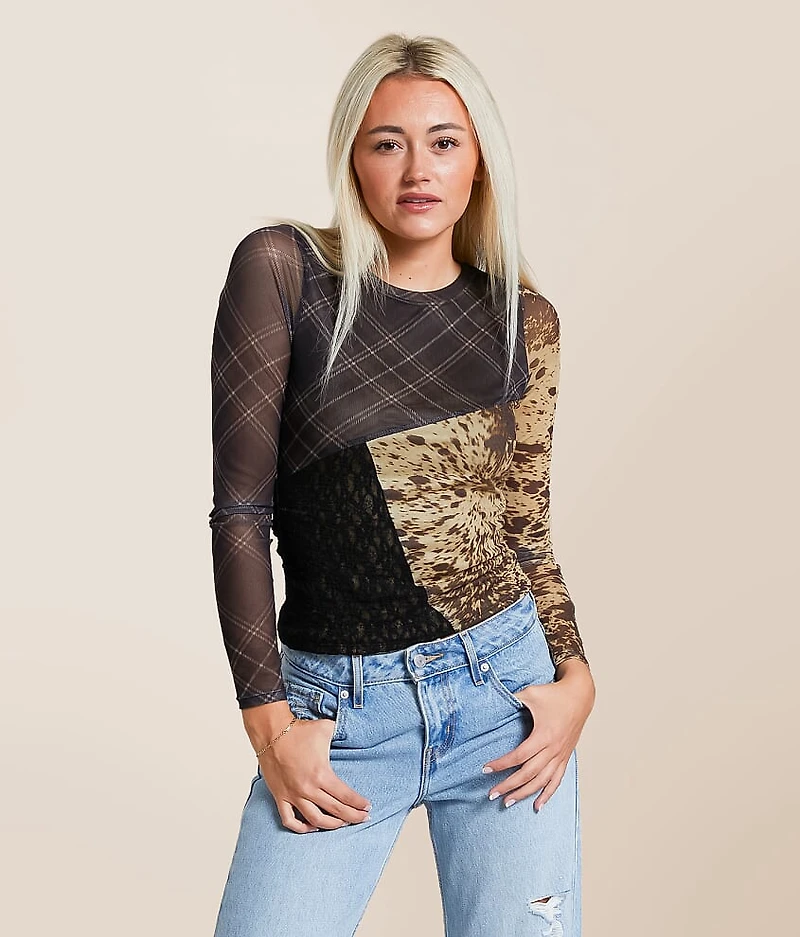 Pieced Plaid Mesh Top