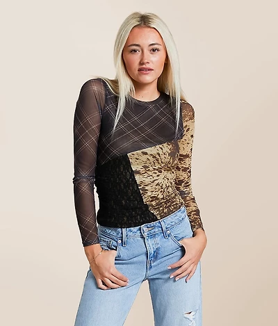 Pieced Plaid Mesh Top