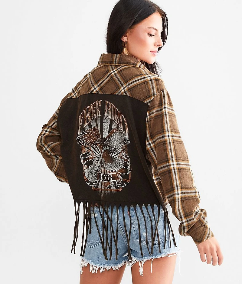Free Bird Cropped Fringe Flannel Shirt