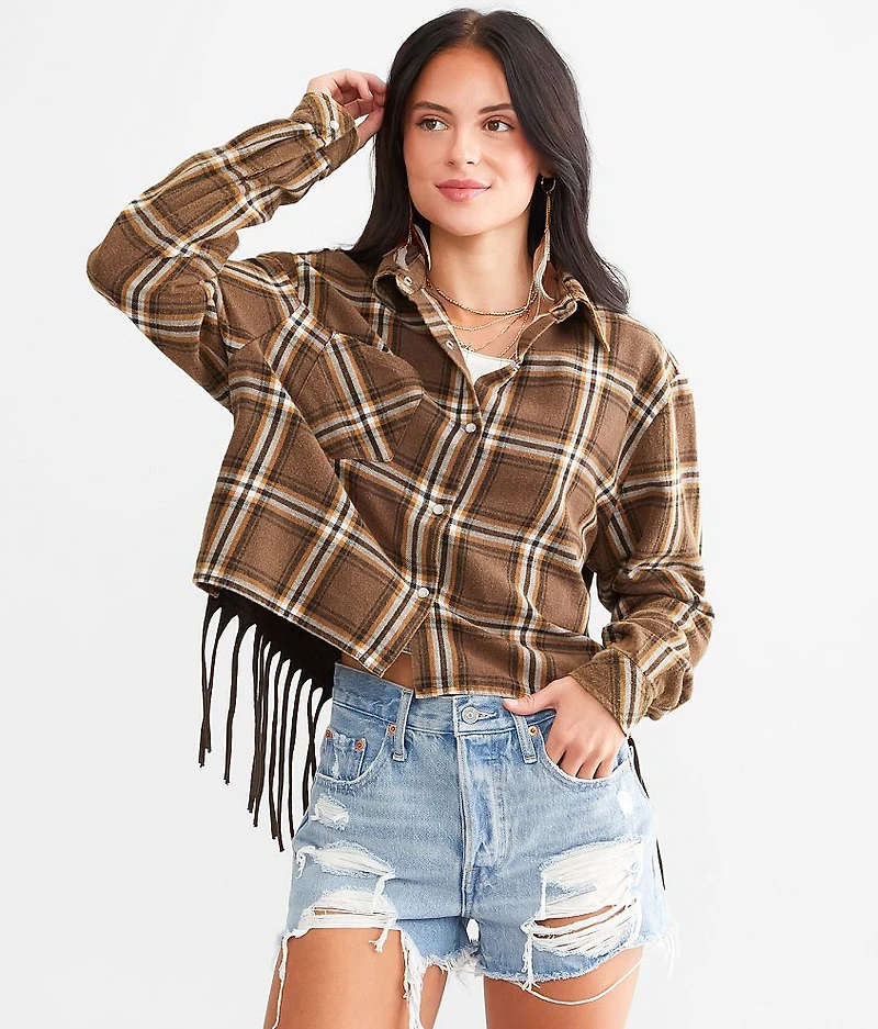Free Bird Cropped Fringe Flannel Shirt