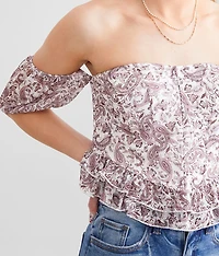 Paisley Mesh Ruffle Cropped Top