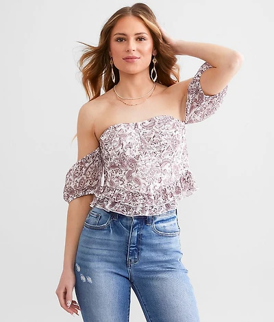 Paisley Mesh Ruffle Cropped Top
