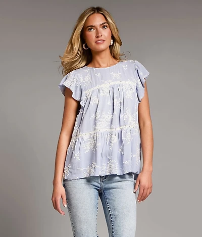 Embroidered Ruffle Top