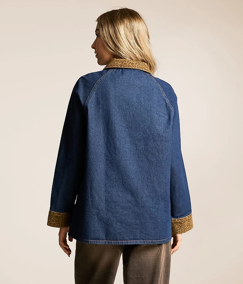 Leopard Trim Barn Denim Jacket