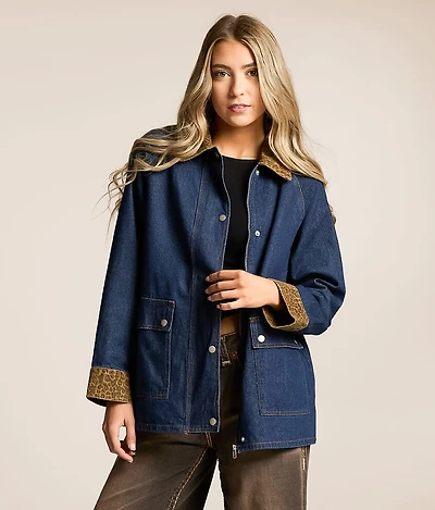 Leopard Trim Barn Denim Jacket