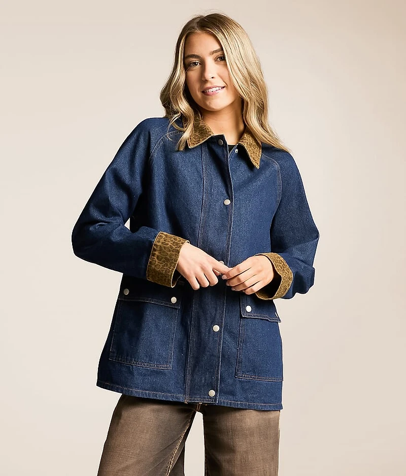 Leopard Trim Barn Denim Jacket
