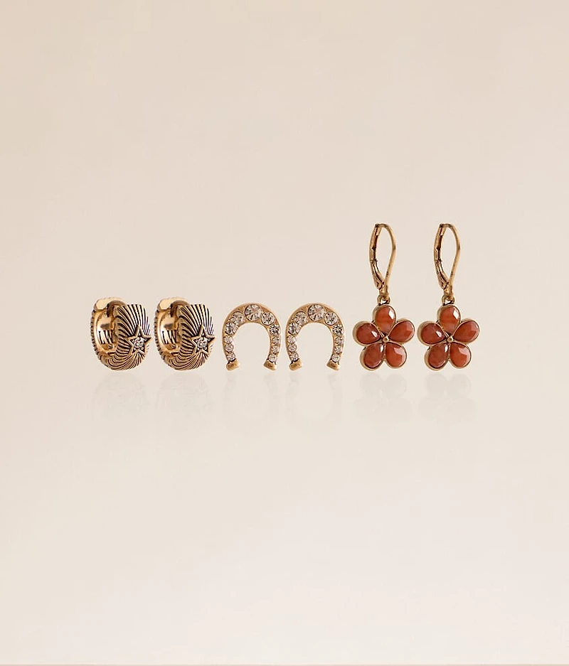 3 Pack Horseshoe & Flower Earring Set