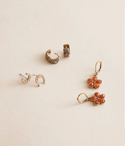 3 Pack Horseshoe & Flower Earring Set