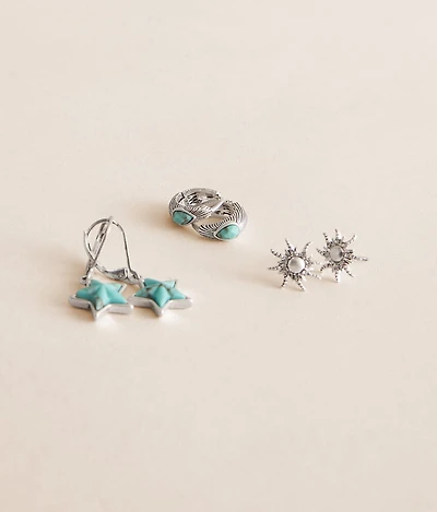 3 Pack Sun & Star Earring Set