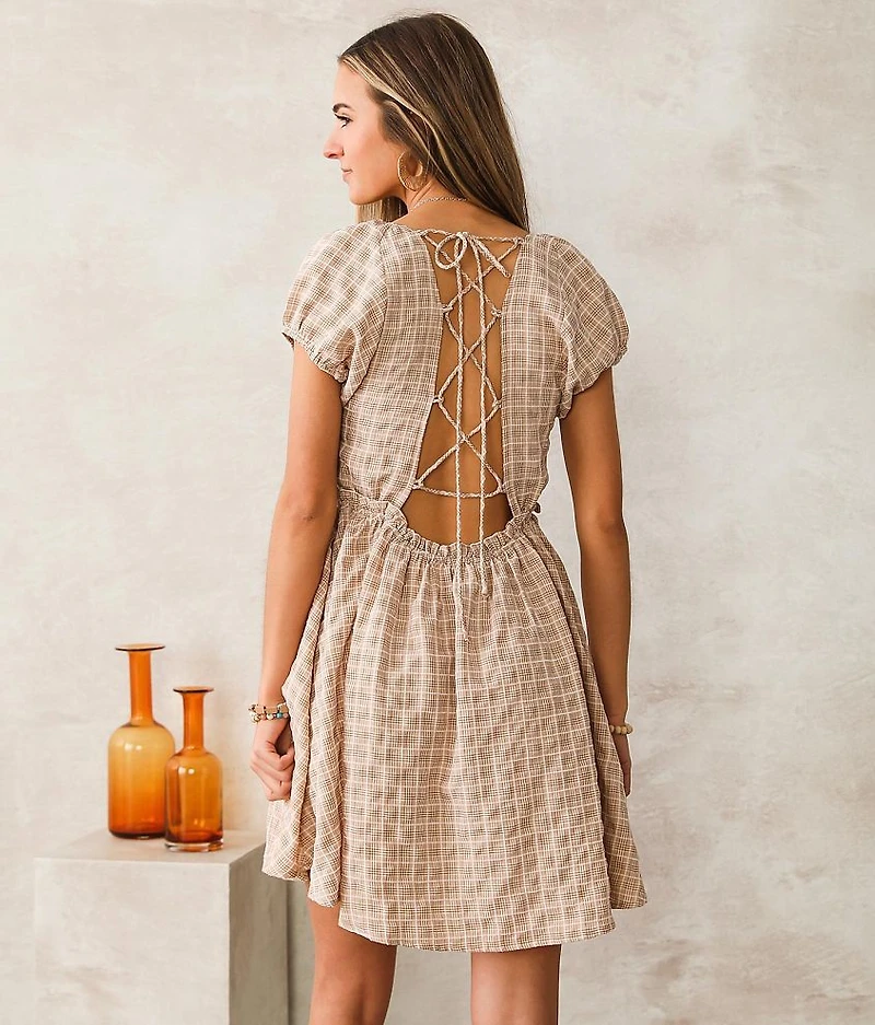 Plaid Back Lace-Up Dress
