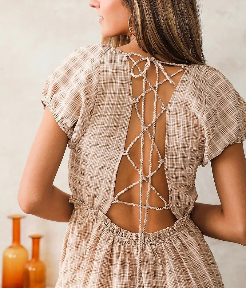Plaid Back Lace-Up Dress