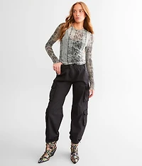 Denim Print Mesh Top
