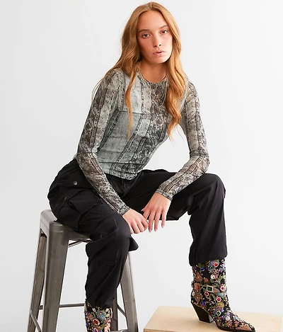 Denim Print Mesh Top