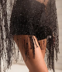 Sequin Mesh Fringe Poncho - One Size