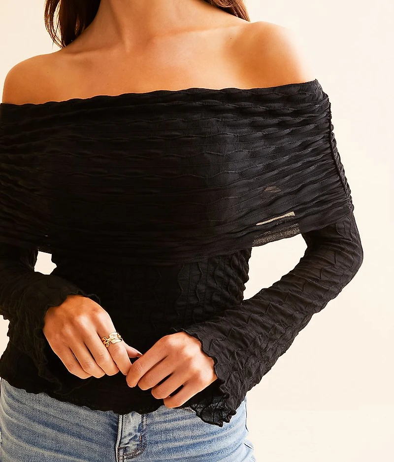Textured Mesh Off The Shoulder Top