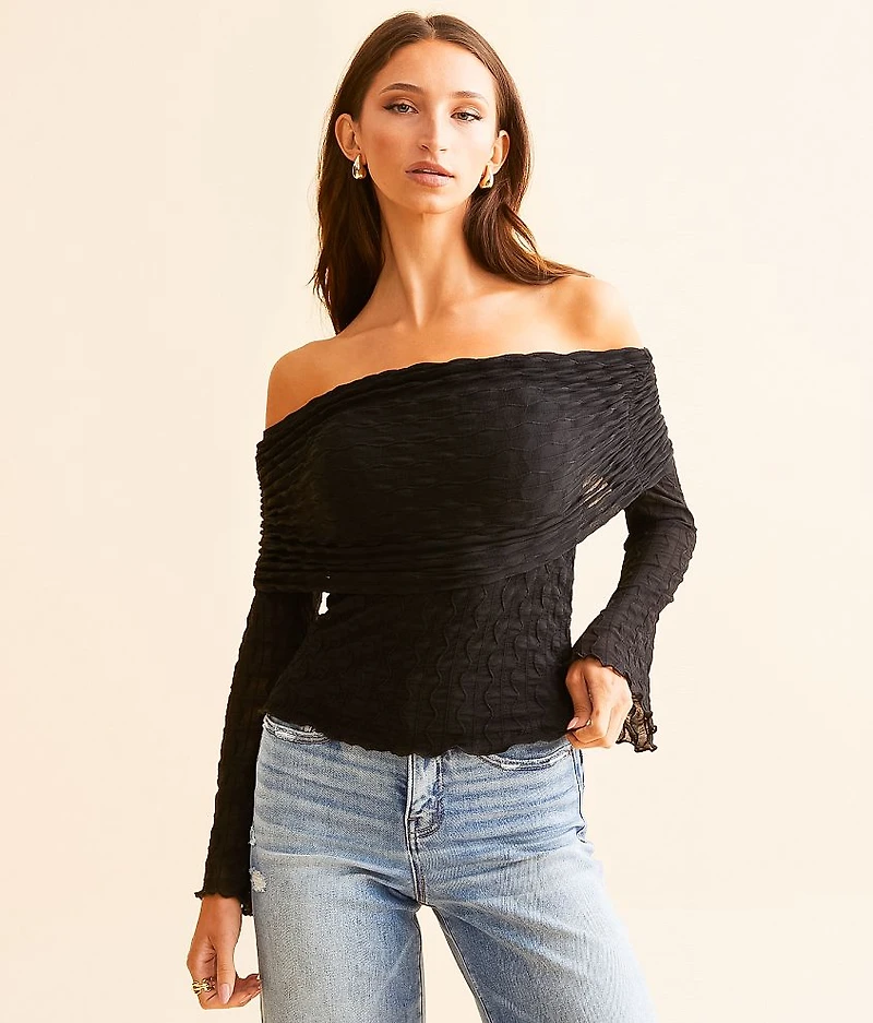 Textured Mesh Off The Shoulder Top